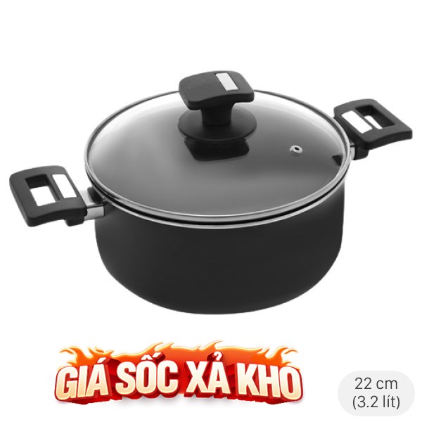 Nồi nhôm chống dính nắp kính 22 cm Delites NCDE002-22
