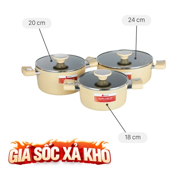 Bộ 3 nồi nhôm chống dính nắp kính Elmich EL-5112YA