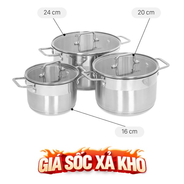 Bộ 3 nồi inox 3 đáy nắp kính Elmich EL-2324MN