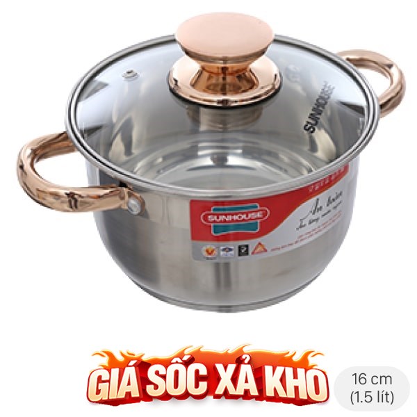 Nồi inox 5 đáy nắp kính 16 cm Sunhouse SHG24216