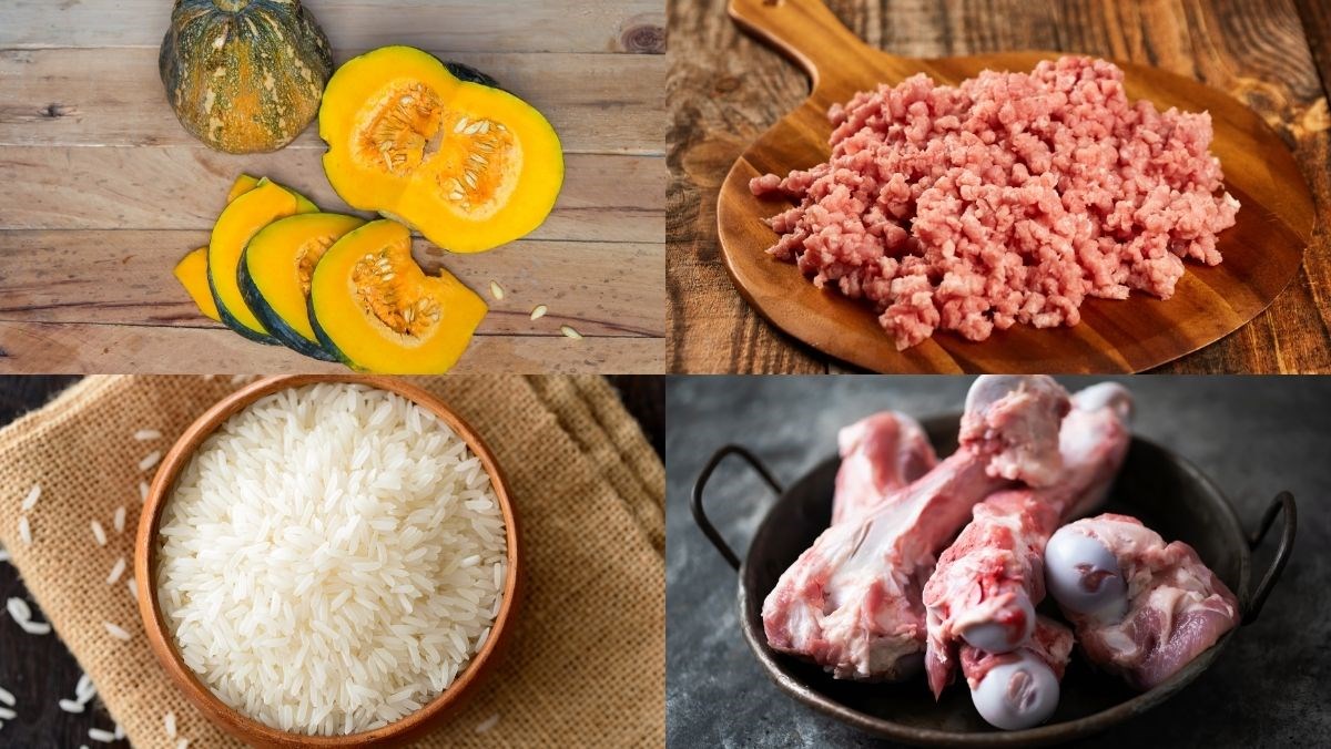 Nguyên liệu món ăn cháo bí đỏ thịt bằm