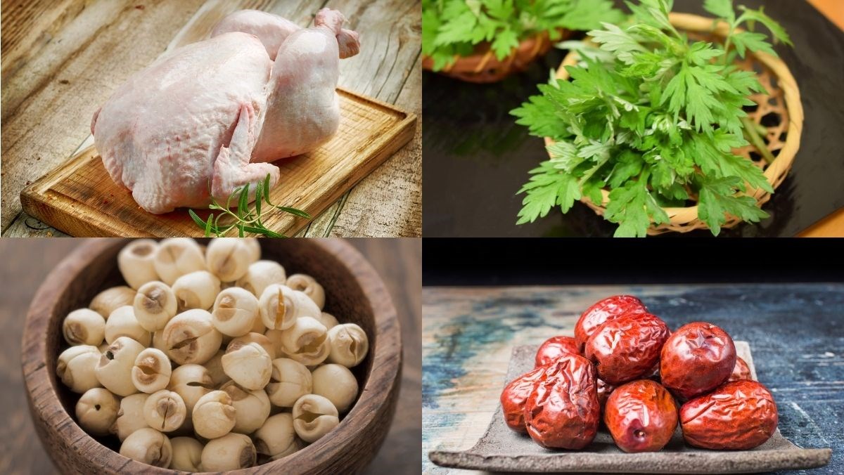 Nguyên liệu món ăn gà hầm ngải cứu hạt sen