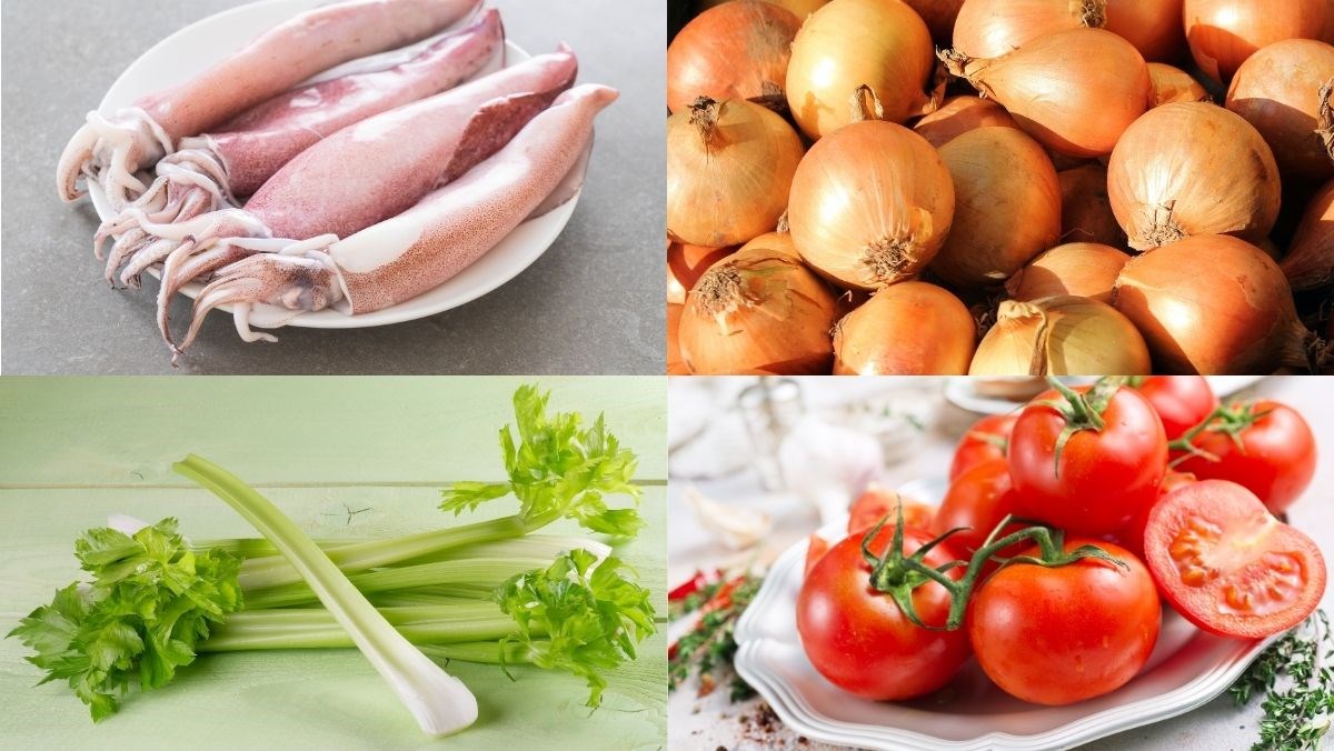 Nguyên liệu món ăn mực xào hành tây cần tây cà chua