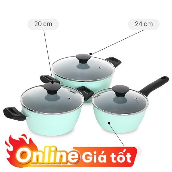 Bộ nồi quánh nhôm chống dính nắp kính Green Cook GCS229-T1