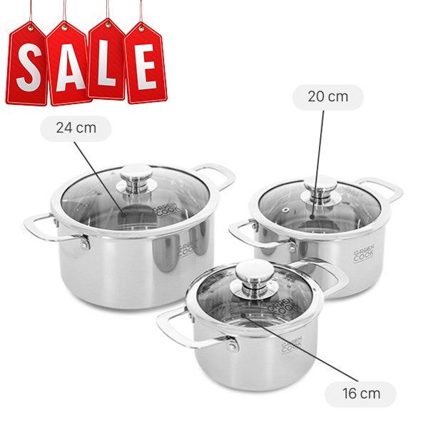 Bộ 3 nồi inox 3 lớp nguyên khối nắp kính Green Cook GCS256-T1