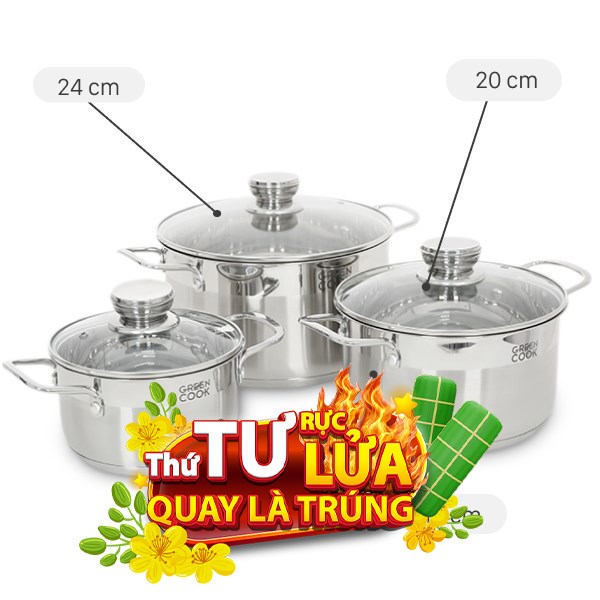 Bộ 3 nồi inox 5 đáy Green Cook GCS232-T1