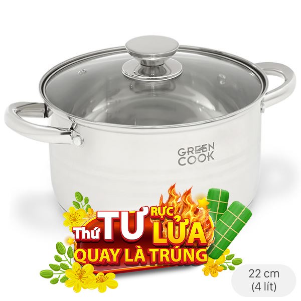 Nồi inox 5 đáy nắp kính 22 cm Green Cook GCS243-22IH