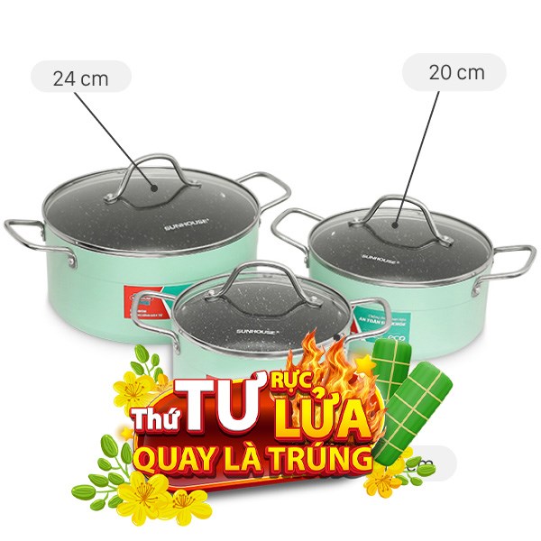 Bộ 3 nồi nhôm 3 đáy Sunhouse Eco SHG1122MX