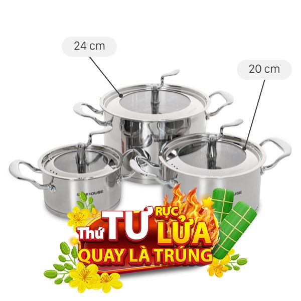 Bộ 3 nồi inox 5 đáy Sunhouse SHG2503MSA