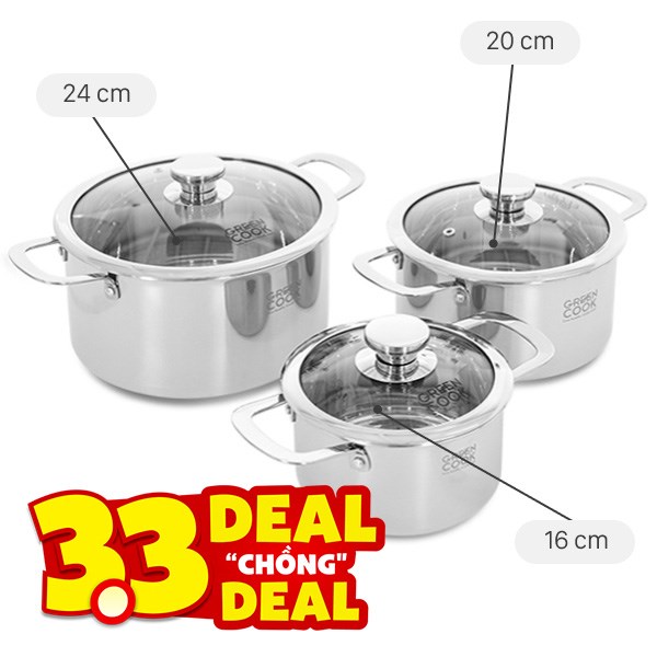 Bộ 3 nồi inox 3 lớp nguyên khối Green Cook GCS256-T1