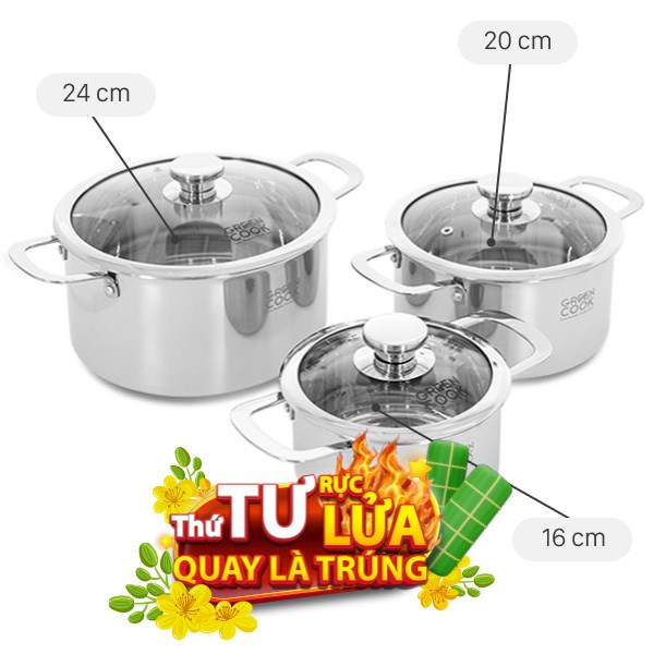 Bộ 3 nồi inox 3 lớp nguyên khối Green Cook GCS256-T1