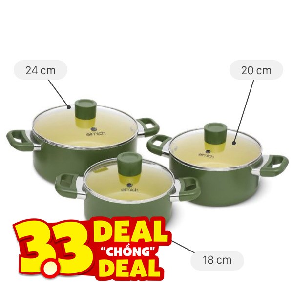 Bộ 3 nồi nhôm chống dính Elmich Olive EL5245OV01