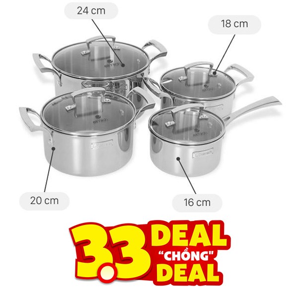 Bộ 4 nồi quánh inox 3 lớp nguyên khối Elmich Premium EL3100