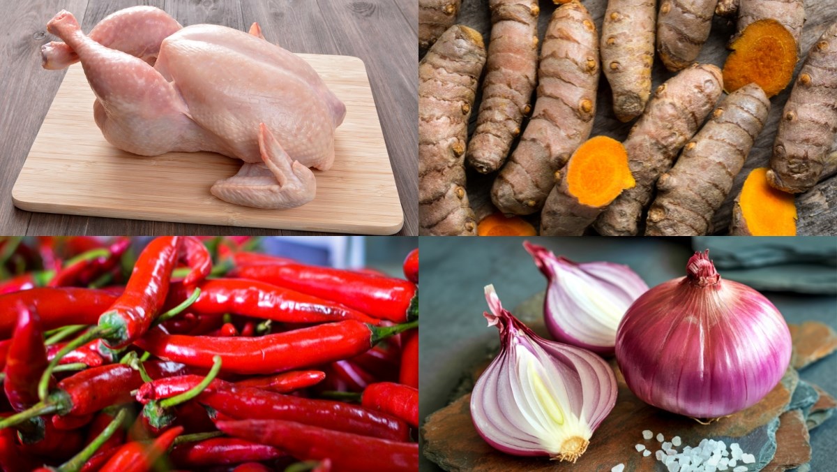 Nguyên liệu món ăn cách làm gà rang nghệ vàng ươm, đậm đà cực kỳ đưa cơm cho cả gia đình