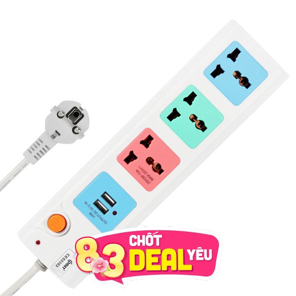 Ổ cắm điện Comet 3 lỗ 2 USB 3m CES5303