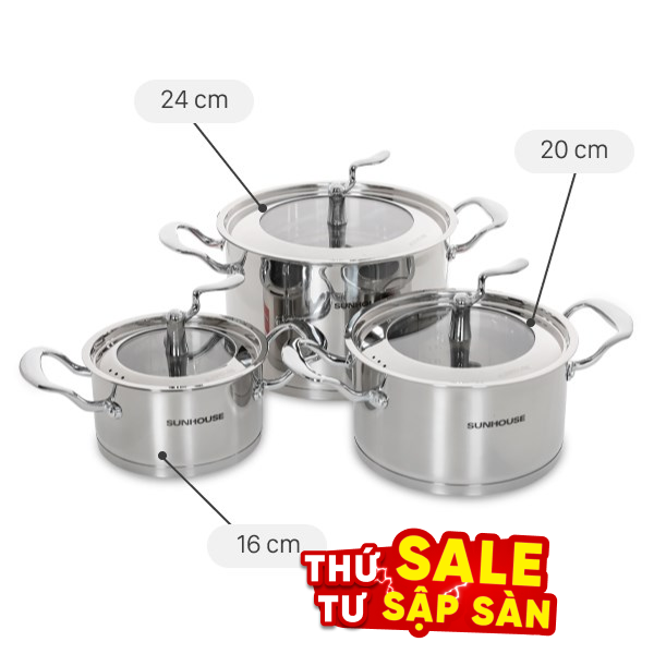 Bộ 3 nồi inox 5 đáy Sunhouse SHG2503MSA