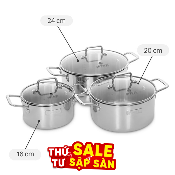 Bộ 3 nồi inox 3 lớp nguyên khối Elmich Trimax XR EL-3843