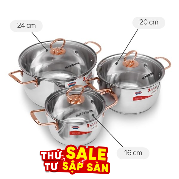Bộ 3 nồi inox 3 đáy Sunhouse SHG306