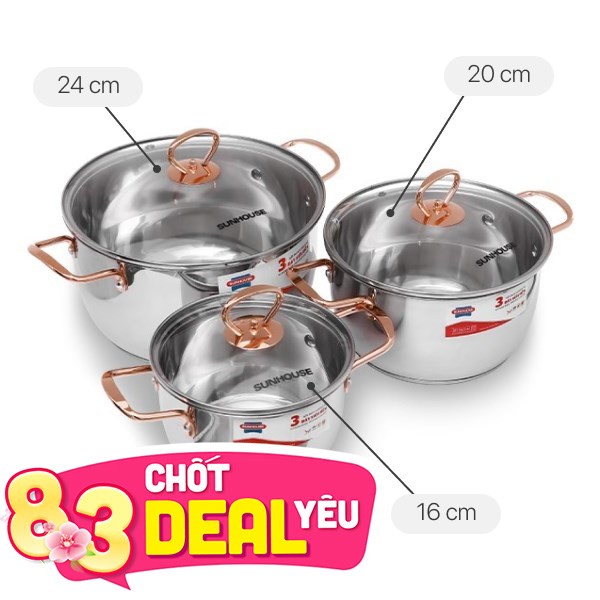 Bộ 3 nồi inox 3 đáy Sunhouse SHG306