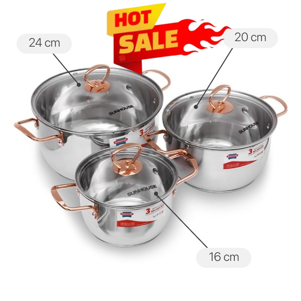 Bộ 3 nồi inox 3 đáy Sunhouse SHG306