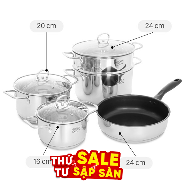 Bộ nồi chảo inox 5 đáy Green Cook GCS241-T1