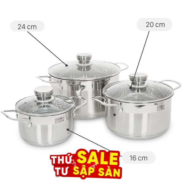 Bộ 3 nồi inox 5 đáy Green Cook GCS232-T1
