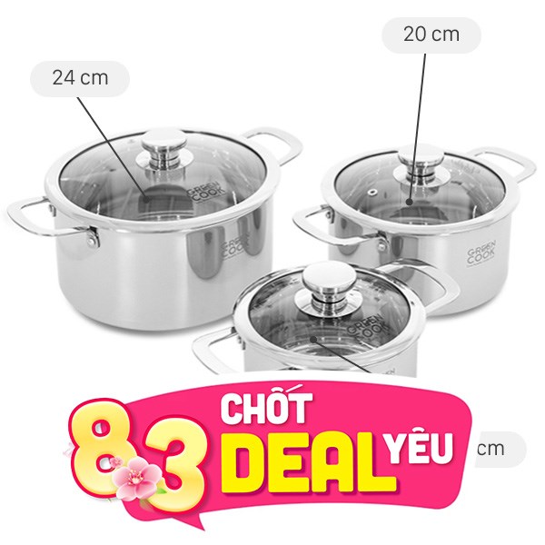 Bộ 3 nồi inox 3 lớp nguyên khối Green Cook GCS256-T1