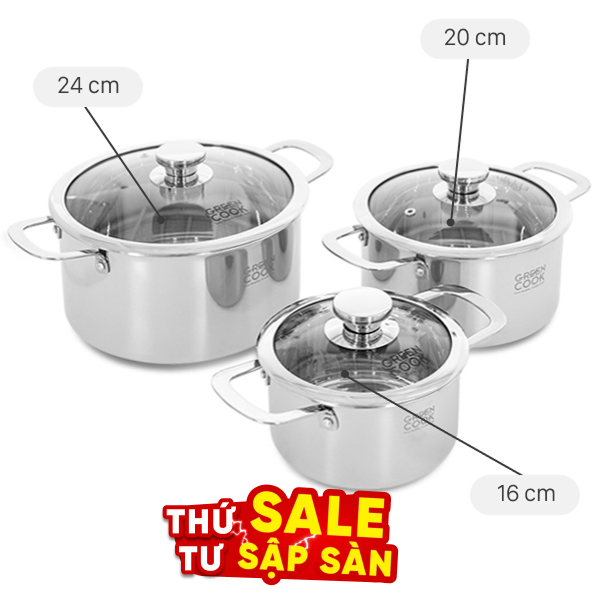 Bộ 3 nồi inox 3 lớp nguyên khối Green Cook GCS256-T1