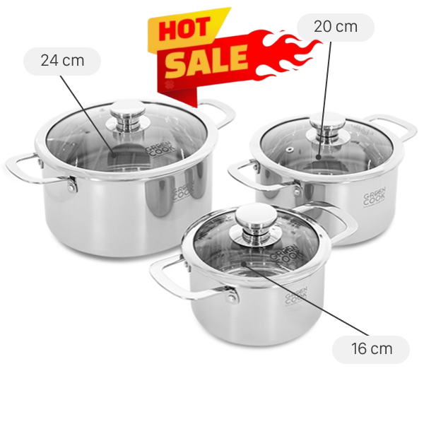 Bộ 3 nồi inox 3 lớp nguyên khối Green Cook GCS256-T1