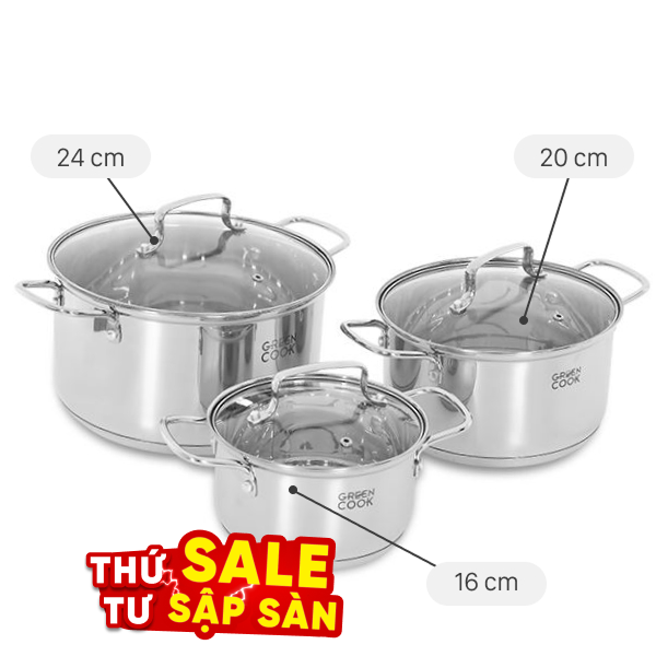 Bộ 3 nồi inox 3 đáy Green Cook GCS2519-T1