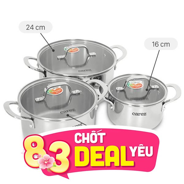 Bộ 3 nồi inox 3 lớp nguyên khối Carez CPC871SI-03