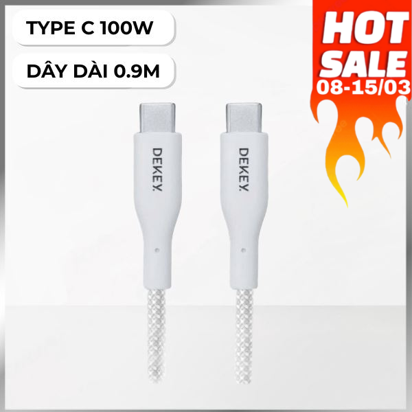 Cáp sạc nhanh và truyền dữ liệu Type C - Type C 100W 0.9m Dekey Power Pioneer C2588 - Trắng