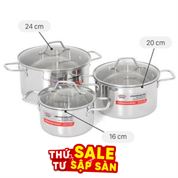 Bộ 3 nồi Inox 3 lớp nguyên khối Sunhouse Healthy SHG709
