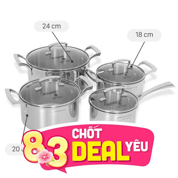 Bộ 4 nồi quánh inox 3 lớp nguyên khối Elmich Premium EL3100