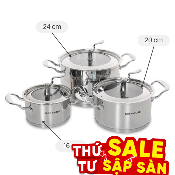 Bộ 3 nồi inox 5 đáy Sunhouse SHG2503MSA