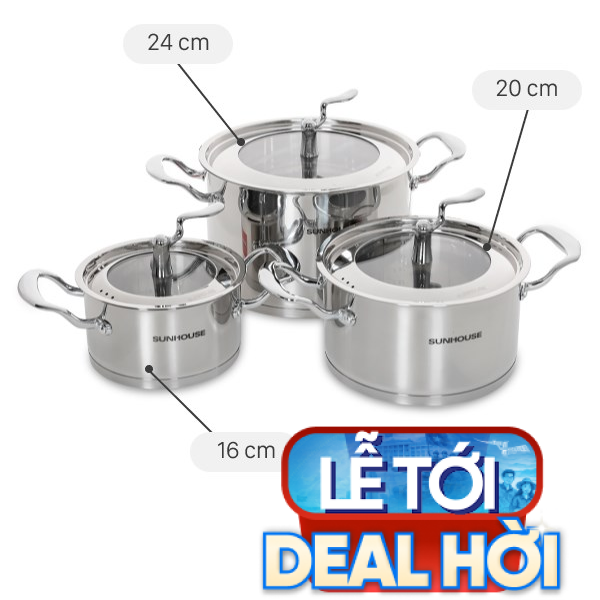 Bộ 3 nồi inox 5 đáy Sunhouse SHG2503MSA