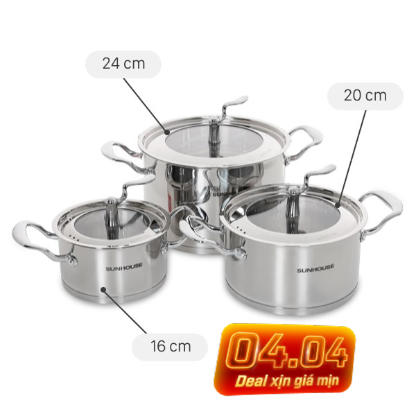 Bộ 3 nồi inox 5 đáy Sunhouse SHG2503MSA