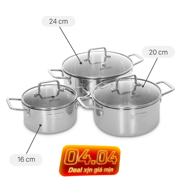 Bộ 3 nồi inox 3 lớp nguyên khối Elmich Trimax XR EL-3843