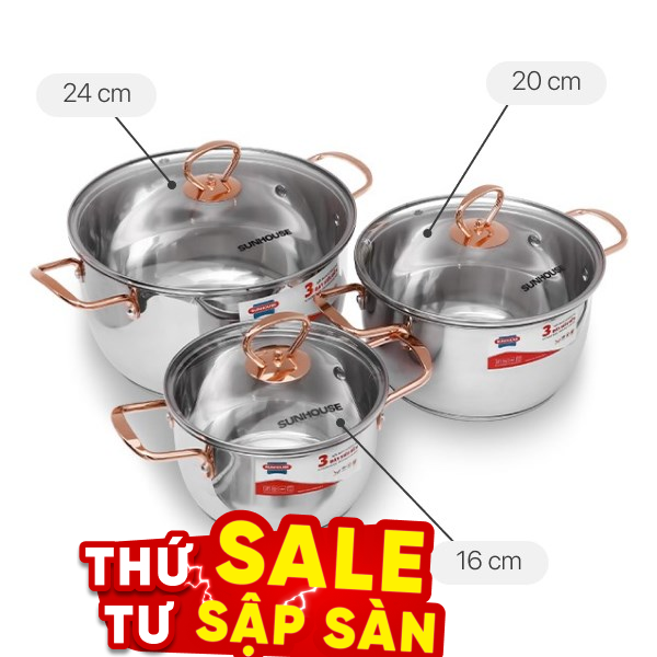 Bộ 3 nồi inox 3 đáy Sunhouse SHG306