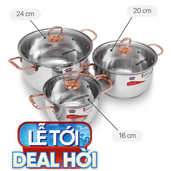 Bộ 3 nồi inox 3 đáy Sunhouse SHG306