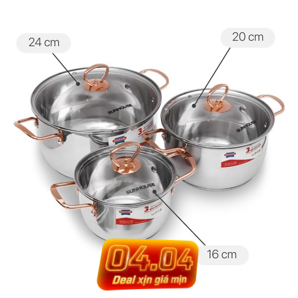 Bộ 3 nồi inox 3 đáy Sunhouse SHG306