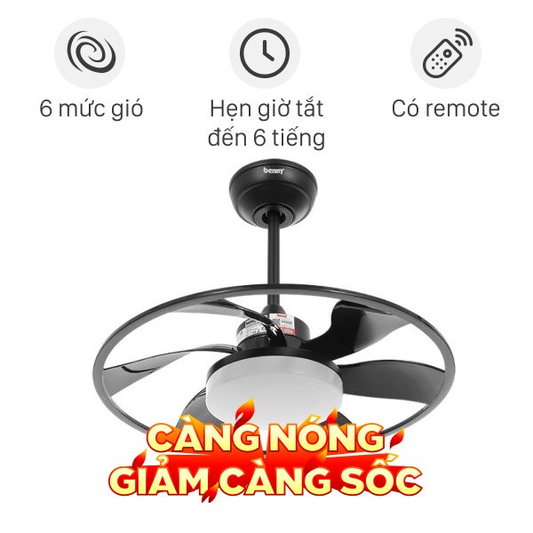 Quạt trần Benny 6 cánh XUFO22T 18W Đen