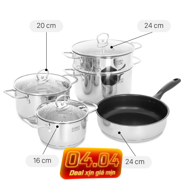 Bộ nồi chảo inox 5 đáy Green Cook GCS241-T1