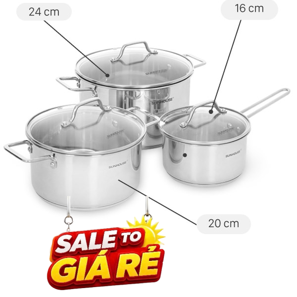 Bộ nồi quánh inox 5 đáy nắp kính Sunhouse SHG601