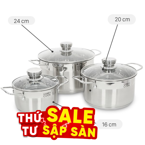 Bộ 3 nồi inox 5 đáy Green Cook GCS232-T1