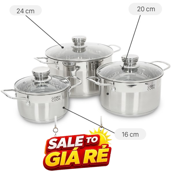 Bộ 3 nồi inox 5 đáy Green Cook GCS232-T1