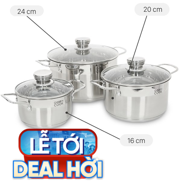 Bộ 3 nồi inox 5 đáy Green Cook GCS232-T1