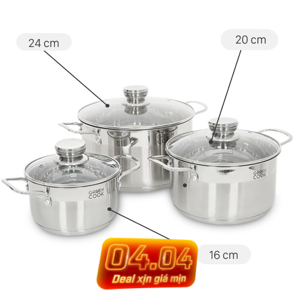 Bộ 3 nồi inox 5 đáy Green Cook GCS232-T1
