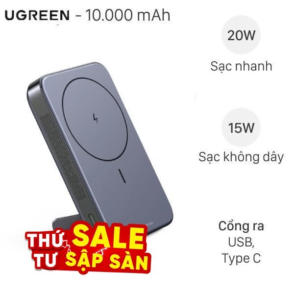 Pin sạc dự phòng Polymer 10000mAh Không dây Magnetic Type C PD QC 3.0 20W Ugreen PB206