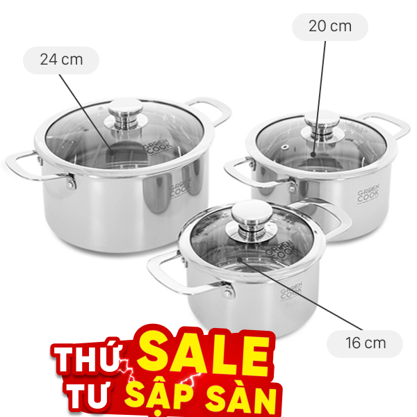 Bộ 3 nồi inox 3 lớp nguyên khối Green Cook GCS256-T1
